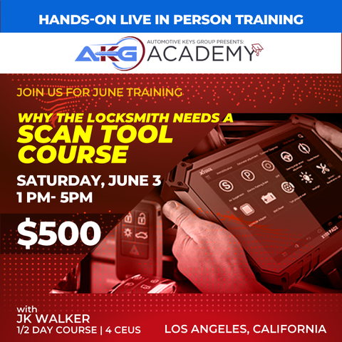 Hands-On Live In-Person Training - Why The Locksmith Needs A "Scan Tool" Course - 1/2 Day Course - 4 CEU's (June 3rd, 1PM to 5PM PDT - Los Angeles, California) Hands-On Live In-Person Training - Why The Locksmith Needs A "Scan Tool" Course - 1/2 Day Course - 4 CEU's (June 3rd, 1PM to 5PM PDT - Los Angeles, California)