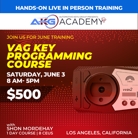 Hands-On Live In-Person Training - VAG Key Programming Course - 1 Day Course - 8 CEU's (June 3rd, 8AM to 5PM PDT - Los Angeles, California) Hands-On Live In-Person Training - VAG Key Programming Course - 1 Day Course - 8 CEU's (June 3rd, 8AM to 5PM PDT - Los Angeles, California)