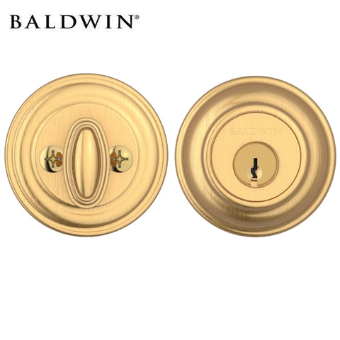 Baldwin Reserve SC.TRD.044 Single Cylinder Deadbolt in Satin Brass finish showcasing sleek and durable design. Baldwin Reserve SC.TRD.044 Single Cylinder Deadbolt in Satin Brass finish showcasing sleek and durable design.