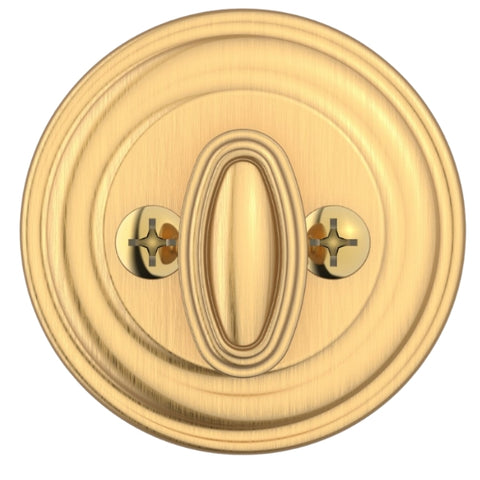 Baldwin Reserve SC.TRD.044 Deadbolt on a wooden door, highlighting elegant brass finish. Baldwin Reserve SC.TRD.044 Deadbolt on a wooden door, highlighting elegant brass finish.