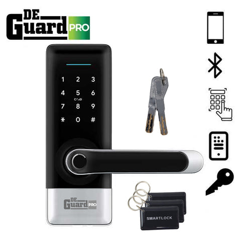 DeGuard Pro - Premium Electronic Keyless Entry Smart Lever Set - H1B - Hotel / Multifamily - Bluetooth / Fingerprint / RFID / Wi-Fi - IP55 (Silver | Black) DeGuard Pro - Premium Electronic Keyless Entry Smart Lever Set - H1B - Hotel / Multifamily - Bluetooth / Fingerprint / RFID / Wi-Fi - IP55 (Silver | Black)