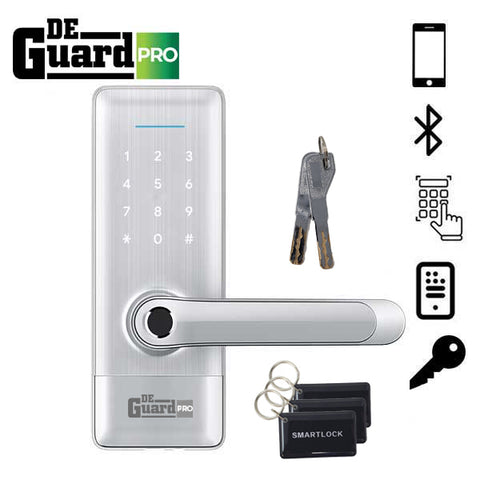 DeGuard Pro - Premium Electronic Keyless Entry Smart Lever Set - H1B - Hotel / Multifamily - Bluetooth / Fingerprint / RFID / Wi-Fi - IP55 (Silver | Black) DeGuard Pro - Premium Electronic Keyless Entry Smart Lever Set - H1B - Hotel / Multifamily - Bluetooth / Fingerprint / RFID / Wi-Fi - IP55 (Silver | Black)