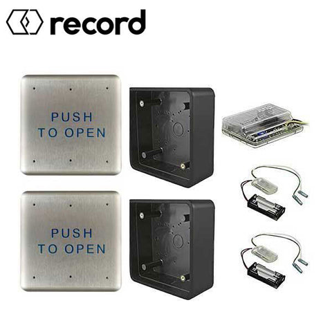 Record - W6-133 - Wireless Push Button Activation Kit - 2- 4.5" push plates 2 - mounting boxes 2 - transmitters & 1 receiver Record - W6-133 - Wireless Push Button Activation Kit - 2- 4.5" push plates 2 - mounting boxes 2 - transmitters & 1 receiver