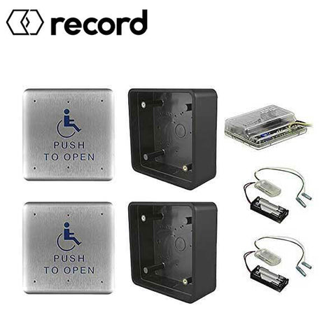 Record - W6-138 - Wireless Push Button Activation Kit - 2- 4.5" push plates 2 - mounting boxes 2 - transmitters & 1 receiver Record - W6-138 - Wireless Push Button Activation Kit - 2- 4.5" push plates 2 - mounting boxes 2 - transmitters & 1 receiver