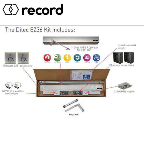 Record - EZ 36 Wireless Automatic Door Kit - PULL Arm - Right Hand - 39" Header (36" Door) - Clear Coat - For Single Doors Record - EZ 36 Wireless Automatic Door Kit - PULL Arm - Right Hand - 39" Header (36" Door) - Clear Coat - For Single Doors