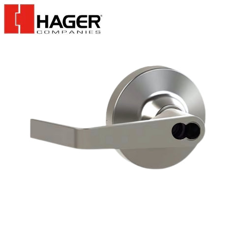 Close-up of the Hager 4700 Series Exit Trim with Withnell Lever in sprayed aluminum finish Close-up of the Hager 4700 Series Exit Trim with Withnell Lever in sprayed aluminum finish