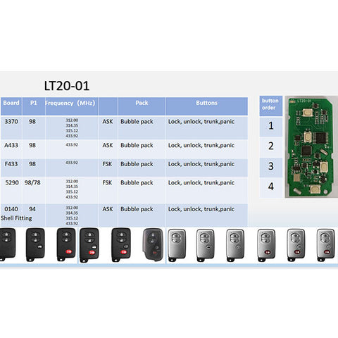 2006 - 2023 Toyota & Lexus / LT20-04 / 8A+4D PCB Board / Smart Key for Lonsdor K518S, K518ISE & KH100+ / Switchable Frequency