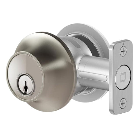Close-up view of the LEV-C-L12U Level Lock Touch Edition smart deadbolt in satin nickel finish. Close-up view of the LEV-C-L12U Level Lock Touch Edition smart deadbolt in satin nickel finish.