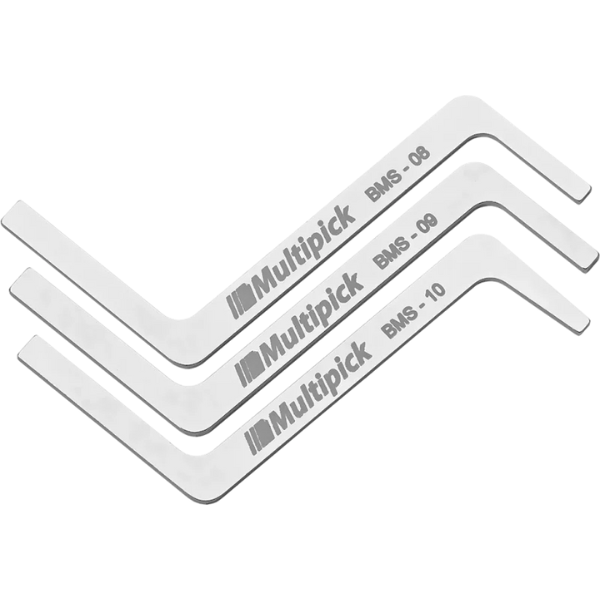 Close-up view of Multipick's 3-piece dimple pin tension wrench set for enhanced lockpicking control Close-up view of Multipick's 3-piece dimple pin tension wrench set for enhanced lockpicking control