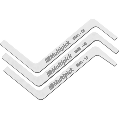 Close-up view of Multipick's 3-piece dimple pin tension wrench set for enhanced lockpicking control Close-up view of Multipick's 3-piece dimple pin tension wrench set for enhanced lockpicking control