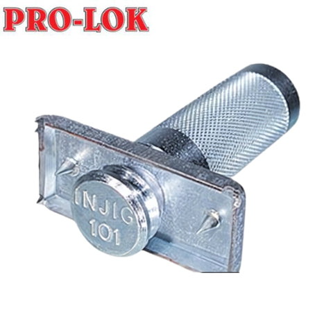 Pro-Lok INJIG-101 latch marker in use, marking a wooden door for mortising Pro-Lok INJIG-101 latch marker in use, marking a wooden door for mortising