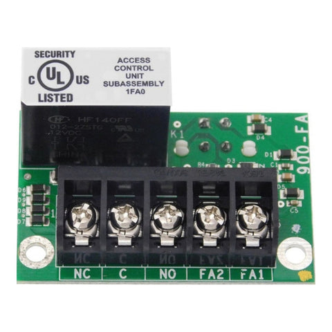 Close-up view of the Von Duprin 900-FA Fire Alarm Input Board, showing relay components Close-up view of the Von Duprin 900-FA Fire Alarm Input Board, showing relay components