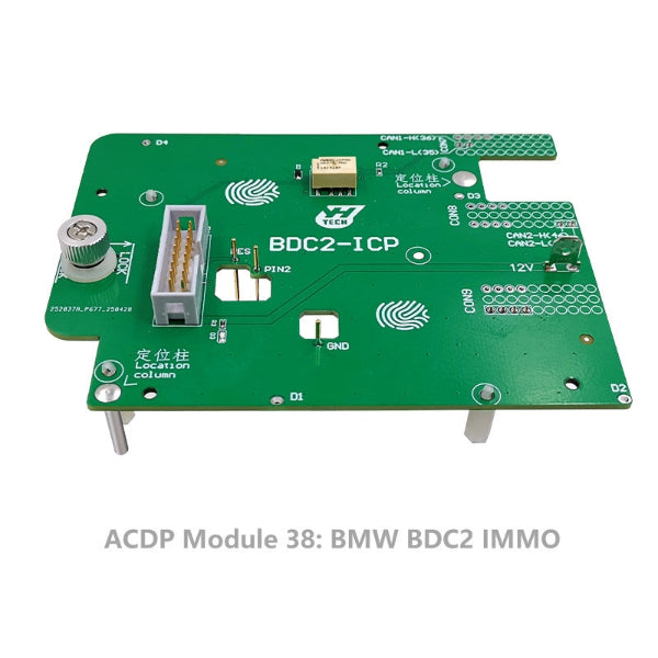 Angled side view of the Yanhua ACDP Module 38 BMW BDC2-ICP IMMO board mounted on support legs, highlighting connector layout and PCB components. Angled side view of the Yanhua ACDP Module 38 BMW BDC2-ICP IMMO board mounted on support legs, highlighting connector layout and PCB components.