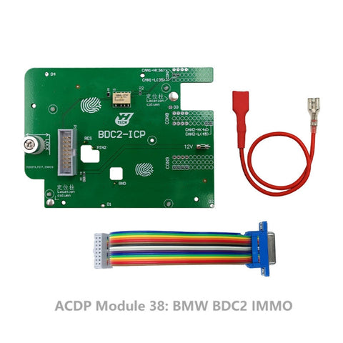 Yanhua ACDP Module 38 BMW BDC2-ICP IMMO kit laid out with the programming board, red power cable, and rainbow-colored ribbon connector. Yanhua ACDP Module 38 BMW BDC2-ICP IMMO kit laid out with the programming board, red power cable, and rainbow-colored ribbon connector.
