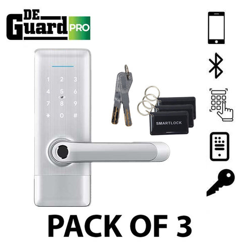 3 x DeGuard Pro - Premium Electronic Keyless Entry Smart Lever Set - H1B - Hotel / Multifamily - Bluetooth / Fingerprint / RFID / Wi-Fi - IP55 - Silver (Bundle of 3)