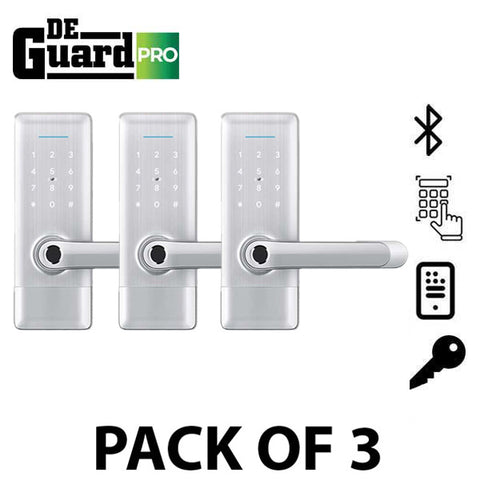 3 x DeGuard Pro - Premium Electronic Keyless Entry Smart Lever Set - H1B - Hotel / Multifamily - Bluetooth / Fingerprint / RFID / Wi-Fi - IP55 - Silver (Bundle of 3)