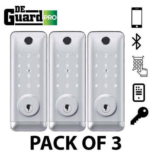 3 x DeGuard Pro - Premium Electronic Keyless Entry Smart Deadbolt - T1B - Bluetooth / Fingerprint / RFID / Wi-Fi - IP55 - Silver (Bundle of 3)