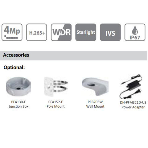 Dahua / IP Camera / 4MP Eyeball / 2.8 mm Fixed Lens / WDR / IP67 / Starlight / 5 Year Warranty / DH-N42BJ62 - UHS Hardware Dahua / IP Camera / 4MP Eyeball / 2.8 mm Fixed Lens / WDR / IP67 / Starlight / 5 Year Warranty / DH-N42BJ62 - UHS Hardware