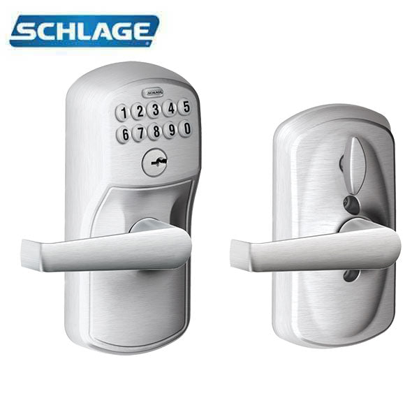 Schlage - FE595 - Keypad Entry with Flex Lock - Plymouth Trim and Elan Lever - Satin chrome - Grade 2 - UHS Hardware Schlage - FE595 - Keypad Entry with Flex Lock - Plymouth Trim and Elan Lever - Satin chrome - Grade 2 - UHS Hardware