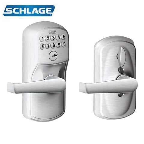 Schlage - FE595 - Keypad Entry with Flex Lock - Plymouth Trim and Elan Lever - Satin chrome - Grade 2 - UHS Hardware Schlage - FE595 - Keypad Entry with Flex Lock - Plymouth Trim and Elan Lever - Satin chrome - Grade 2 - UHS Hardware