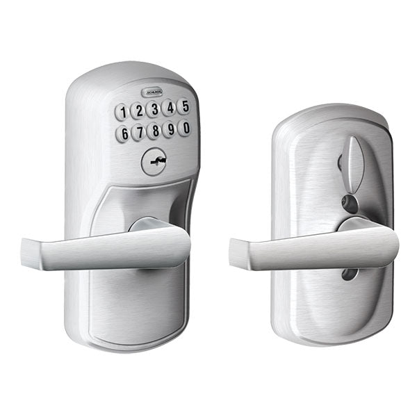 Schlage - FE595 - Keypad Entry with Flex Lock - Plymouth Trim and Elan Lever - Satin chrome - Grade 2 - UHS Hardware Schlage - FE595 - Keypad Entry with Flex Lock - Plymouth Trim and Elan Lever - Satin chrome - Grade 2 - UHS Hardware