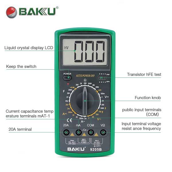 Baku - Digital Multimeter - 9205B For Access Control & EEPROM Testing - UHS Hardware Baku - Digital Multimeter - 9205B For Access Control & EEPROM Testing - UHS Hardware