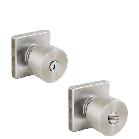 Contemporary Flat Ball Door Knob Set - Entrance - Square Rose - Satin Nickel - Grade 3 - UHS Hardware Contemporary Flat Ball Door Knob Set - Entrance - Square Rose - Satin Nickel - Grade 3 - UHS Hardware