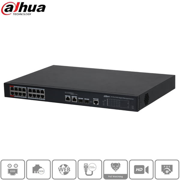 Dahua / PoE Ethernet Switch / 16-Port / 250m PoE / Managed / DH-PFS4218-16GT2GF-240 - UHS Hardware Dahua / PoE Ethernet Switch / 16-Port / 250m PoE / Managed / DH-PFS4218-16GT2GF-240 - UHS Hardware