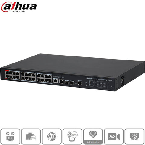 Dahua / PoE Ethernet Switch / 24-Port / 250m PoE / Managed / DH-PFS4226-24ET2GF-360 Dahua / PoE Ethernet Switch / 24-Port / 250m PoE / Managed / DH-PFS4226-24ET2GF-360