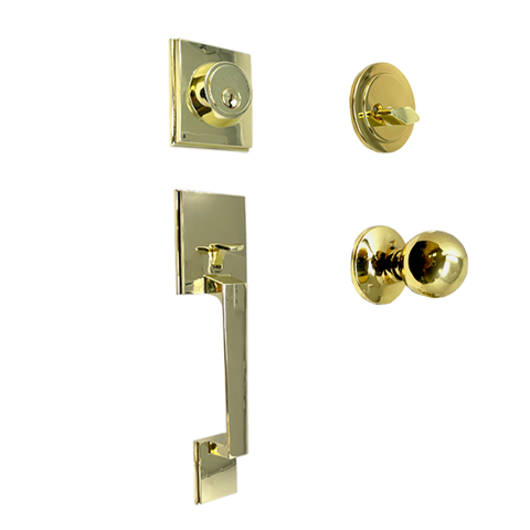 Premium Square "Montana" Style Design Handleset - Entrance - SC1 Keyway - Polished Brass - Grade 3 - UHS Hardware Premium Square "Montana" Style Design Handleset - Entrance - SC1 Keyway - Polished Brass - Grade 3 - UHS Hardware
