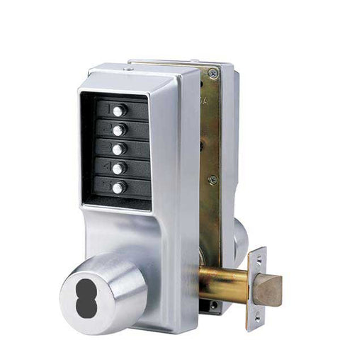 Simplex - EE1021M - Mechanical Pushbutton Cylindrical Knob Set Lock - Double Sided - Entry & Egress - LFIC - 2¾" Backset - Satin Chrome - UHS Hardware Simplex - EE1021M - Mechanical Pushbutton Cylindrical Knob Set Lock - Double Sided - Entry & Egress - LFIC - 2¾" Backset - Satin Chrome - UHS Hardware
