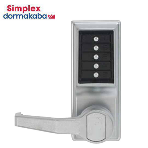 Simplex - LL1011 - Mechanical Pushbutton Cylindrical Lever Lock - 2¾" Backset - Satin Chrome - LH/LHR - UHS Hardware Simplex - LL1011 - Mechanical Pushbutton Cylindrical Lever Lock - 2¾" Backset - Satin Chrome - LH/LHR - UHS Hardware