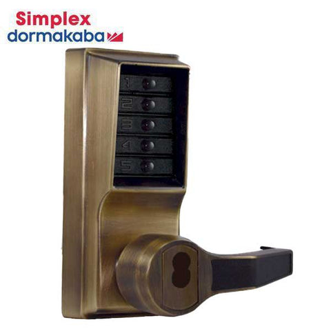 Simplex - LR1021S - Mechanical Pushbutton Cylindrical Lever Set - LFIC Schlage - 2¾" Backset - Antique Brass - RH/RHR - UHS Hardware Simplex - LR1021S - Mechanical Pushbutton Cylindrical Lever Set - LFIC Schlage - 2¾" Backset - Antique Brass - RH/RHR - UHS Hardware