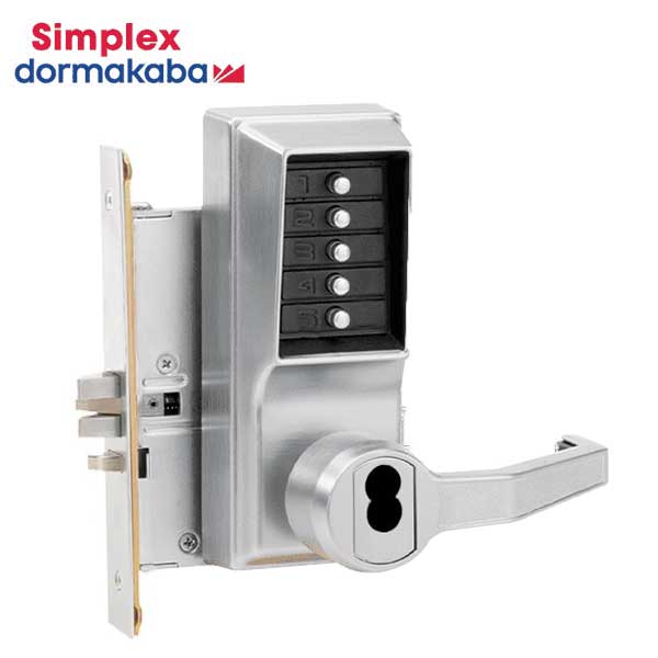 Simplex - R8146B - Mechanical Pushbutton Mortise Lever Set - Combination/Passage/Lockout - SFIC - 2¾" Backset - Satin Chrome - RH - UHS Hardware Simplex - R8146B - Mechanical Pushbutton Mortise Lever Set - Combination/Passage/Lockout - SFIC - 2¾" Backset - Satin Chrome - RH - UHS Hardware