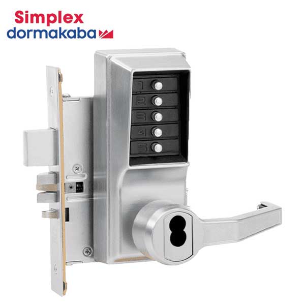 Simplex - R8148B - Mechanical Pushbutton Mortise Lever Set - Combination/Passage/Lockout/Deadbolt - SFIC - 2¾" Backset - Satin Chrome - RH - UHS Hardware Simplex - R8148B - Mechanical Pushbutton Mortise Lever Set - Combination/Passage/Lockout/Deadbolt - SFIC - 2¾" Backset - Satin Chrome - RH - UHS Hardware