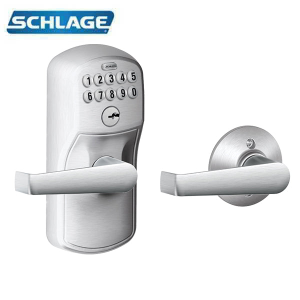 Schlage - FE575 - Keypad Entry with Auto Lock - Plymouth Trim and Elan Lever - Satin chrome - Grade 2 - UHS Hardware Schlage - FE575 - Keypad Entry with Auto Lock - Plymouth Trim and Elan Lever - Satin chrome - Grade 2 - UHS Hardware