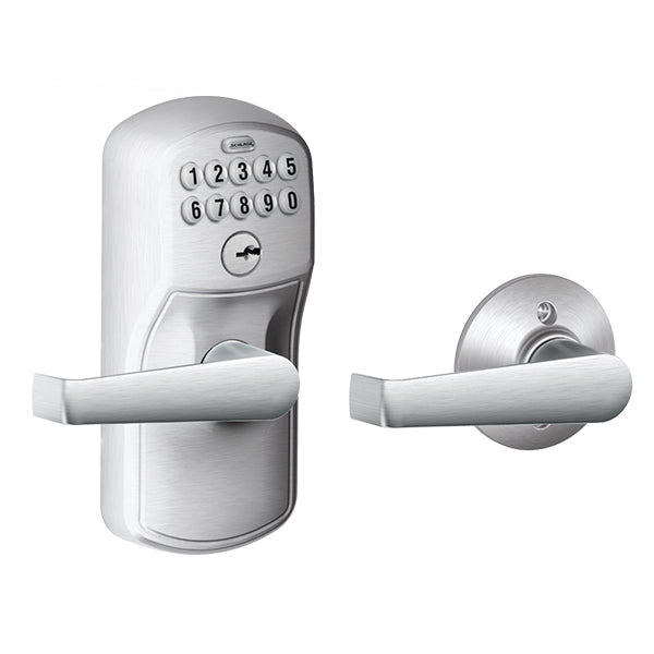 Schlage - FE575 - Keypad Entry with Auto Lock - Plymouth Trim and Elan Lever - Satin chrome - Grade 2 - UHS Hardware Schlage - FE575 - Keypad Entry with Auto Lock - Plymouth Trim and Elan Lever - Satin chrome - Grade 2 - UHS Hardware