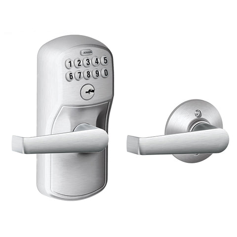 Schlage - FE575 - Keypad Entry with Auto Lock - Plymouth Trim and Elan Lever - Satin chrome - Grade 2 - UHS Hardware Schlage - FE575 - Keypad Entry with Auto Lock - Plymouth Trim and Elan Lever - Satin chrome - Grade 2 - UHS Hardware
