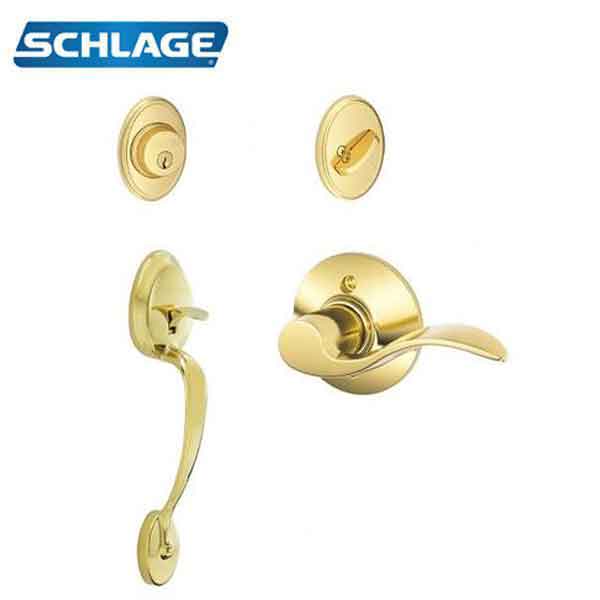 Polished Brass Entry Door Handle Combo Lock Set with Deadbolt and 8 SC1  Keys Total (2-Pack, Keyed Alike)