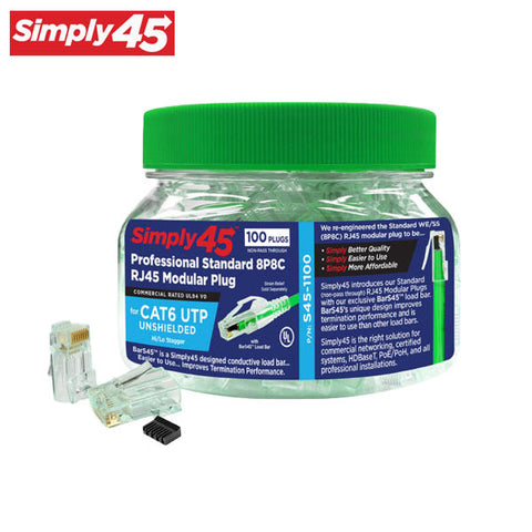Simply45 - S45-1100 - Unshielded - Standard WE/SS (8P8C) RJ45 Modular Plugs - Green Tint - Commercial Rated - w/ Bar45 Load Bar - for Cat6/6a UTP - Jar of 100 - UHS Hardware Simply45 - S45-1100 - Unshielded - Standard WE/SS (8P8C) RJ45 Modular Plugs - Green Tint - Commercial Rated - w/ Bar45 Load Bar - for Cat6/6a UTP - Jar of 100 - UHS Hardware