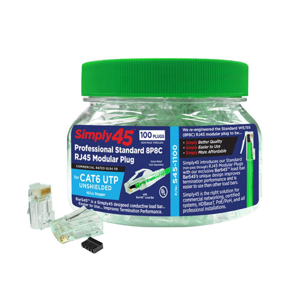 Simply45 - S45-1100 - Unshielded - Standard WE/SS (8P8C) RJ45 Modular Plugs - Green Tint - Commercial Rated - w/ Bar45 Load Bar - for Cat6/6a UTP - Jar of 100 - UHS Hardware Simply45 - S45-1100 - Unshielded - Standard WE/SS (8P8C) RJ45 Modular Plugs - Green Tint - Commercial Rated - w/ Bar45 Load Bar - for Cat6/6a UTP - Jar of 100 - UHS Hardware