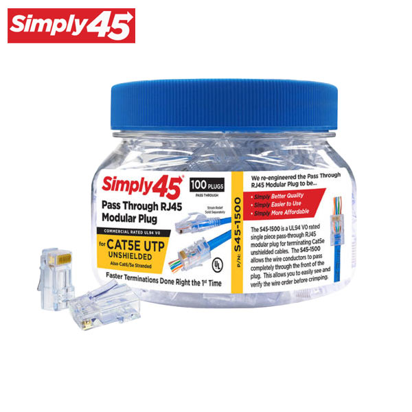 Simply45 - S45-1500 - Unshielded - Pass-Through RJ45 Modular Plugs - Blue Tint - Commercial Rated - for Cat5e UTP Solid / Cat5e/6 Stranded - Jar of 100 - UHS Hardware Simply45 - S45-1500 - Unshielded - Pass-Through RJ45 Modular Plugs - Blue Tint - Commercial Rated - for Cat5e UTP Solid / Cat5e/6 Stranded - Jar of 100 - UHS Hardware