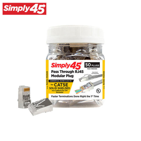 Simply45 - S45-1550 - Shielded - Internal Ground Pass-Through RJ45 Modular Plugs - Blue Tint - Commercial Rated - for Cat5e STP Solid / Cat5e/6/6a STP Stranded - Jar of 50 - UHS Hardware Simply45 - S45-1550 - Shielded - Internal Ground Pass-Through RJ45 Modular Plugs - Blue Tint - Commercial Rated - for Cat5e STP Solid / Cat5e/6/6a STP Stranded - Jar of 50 - UHS Hardware