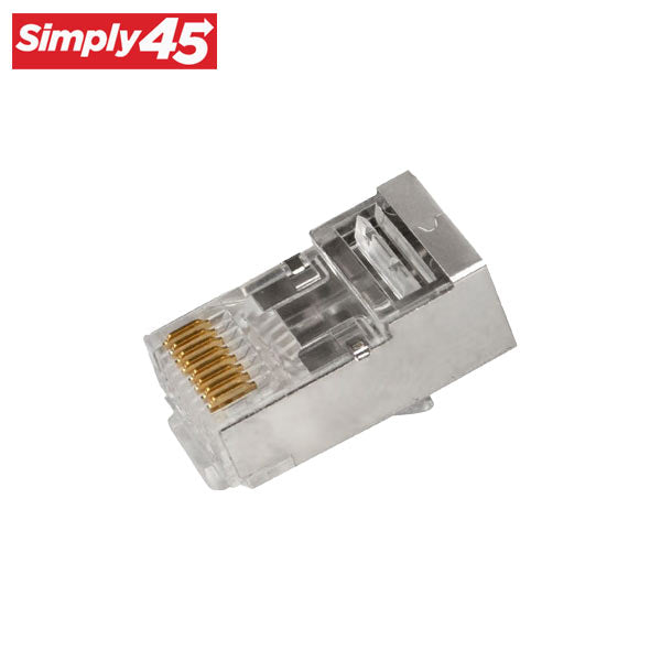 Simply45 - S45-1550 - Shielded - Internal Ground Pass-Through RJ45 Modular Plugs - Blue Tint - Commercial Rated - for Cat5e STP Solid / Cat5e/6/6a STP Stranded - Jar of 50 - UHS Hardware Simply45 - S45-1550 - Shielded - Internal Ground Pass-Through RJ45 Modular Plugs - Blue Tint - Commercial Rated - for Cat5e STP Solid / Cat5e/6/6a STP Stranded - Jar of 50 - UHS Hardware