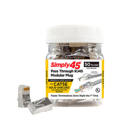 Simply45 - S45-1550 - Shielded - Internal Ground Pass-Through RJ45 Modular Plugs - Blue Tint - Commercial Rated - for Cat5e STP Solid / Cat5e/6/6a STP Stranded - Jar of 50 - UHS Hardware Simply45 - S45-1550 - Shielded - Internal Ground Pass-Through RJ45 Modular Plugs - Blue Tint - Commercial Rated - for Cat5e STP Solid / Cat5e/6/6a STP Stranded - Jar of 50 - UHS Hardware
