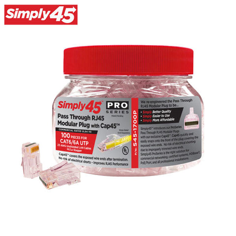Simply45 - S45-1700P - ProSeries - Unshielded - Pass-Through RJ45 Modular Plugs - Red Tint - Commercial Rated - w/ Cap45 - for Cat6/6a UTP - Jar of 100 - UHS Hardware Simply45 - S45-1700P - ProSeries - Unshielded - Pass-Through RJ45 Modular Plugs - Red Tint - Commercial Rated - w/ Cap45 - for Cat6/6a UTP - Jar of 100 - UHS Hardware