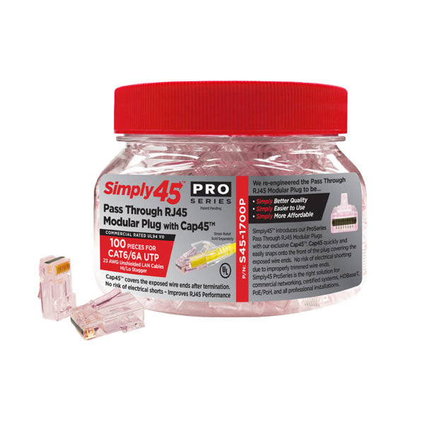Simply45 - S45-1700P - ProSeries - Unshielded - Pass-Through RJ45 Modular Plugs - Red Tint - Commercial Rated - w/ Cap45 - for Cat6/6a UTP - Jar of 100 - UHS Hardware Simply45 - S45-1700P - ProSeries - Unshielded - Pass-Through RJ45 Modular Plugs - Red Tint - Commercial Rated - w/ Cap45 - for Cat6/6a UTP - Jar of 100 - UHS Hardware
