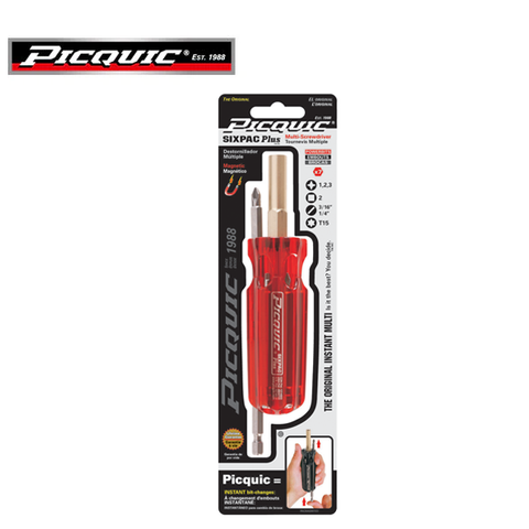 PICQUIC - Sixpac Plus - Multi Bit Screwdriver - P 1,2,3 / R2 / S 3/16",1/4" / T15 (1/4" hex bits) - UHS Hardware PICQUIC - Sixpac Plus - Multi Bit Screwdriver - P 1,2,3 / R2 / S 3/16",1/4" / T15 (1/4" hex bits) - UHS Hardware