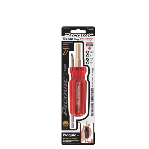 PICQUIC - Sixpac Plus - Multi Bit Screwdriver - P 1,2,3 / R2 / S 3/16",1/4" / T15 (1/4" hex bits) - UHS Hardware PICQUIC - Sixpac Plus - Multi Bit Screwdriver - P 1,2,3 / R2 / S 3/16",1/4" / T15 (1/4" hex bits) - UHS Hardware