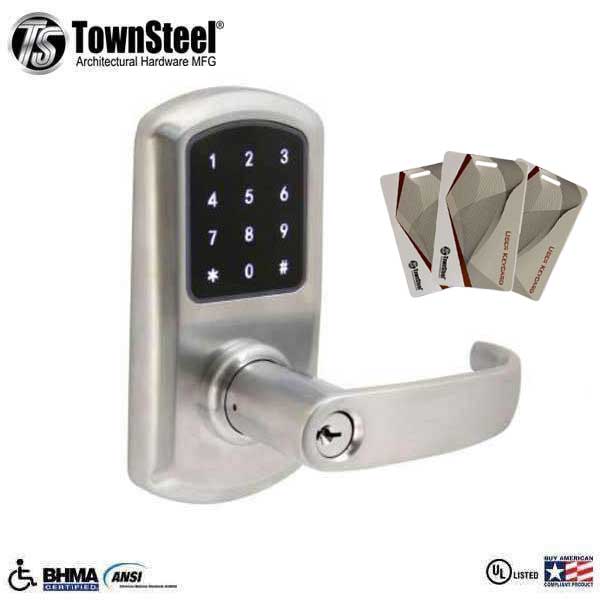 TownSteel - e-Elite 4010 - Electronic Push Button Lever Lock - RFID - 2-3/4″ Backset - Rigid Lever - Satin Chrome - Key Override - Grade 1 - UHS Hardware TownSteel - e-Elite 4010 - Electronic Push Button Lever Lock - RFID - 2-3/4″ Backset - Rigid Lever - Satin Chrome - Key Override - Grade 1 - UHS Hardware
